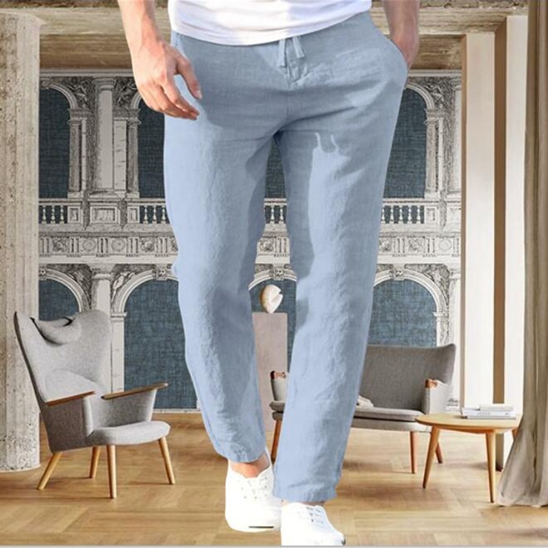 Autumn Men's Cotton Linen Pants Male Casual Daily Solid Color Drawstring Linen Trousers Popular Pencil Pants Men Streetwear
