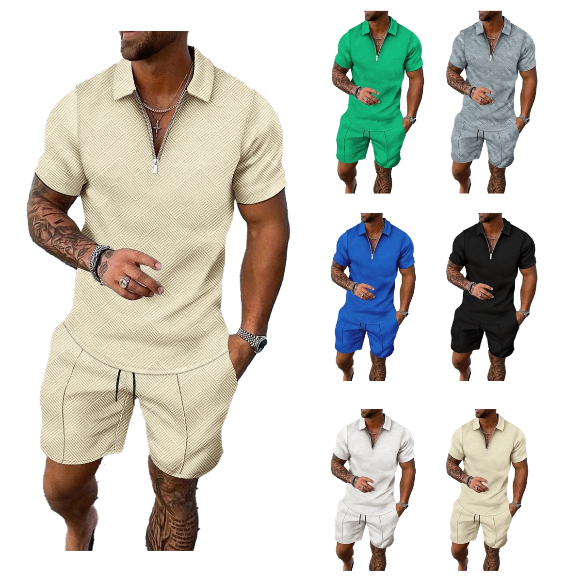 New Men's Suit Solid Jacquard craft Summer Casual Short Sleeve Polo Shirt Shorts Suit Fashion Zipper Polo Shirt Two Piece S