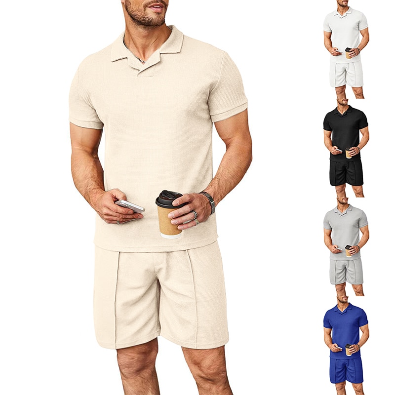 2023 Summer New Waffle V-neck Polo Shirt Polo Collar Cool Short Sleeve Men's Set Casual T-shirt