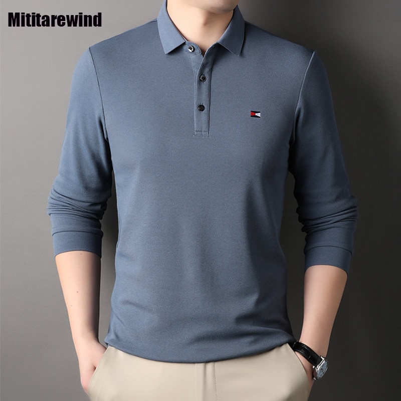 Spring Autumn Long Sleeve Tees for Men Business Casual Polo Shirts Solid Embroidery Lapel T-shirt with Cotton and Silk 2023 New