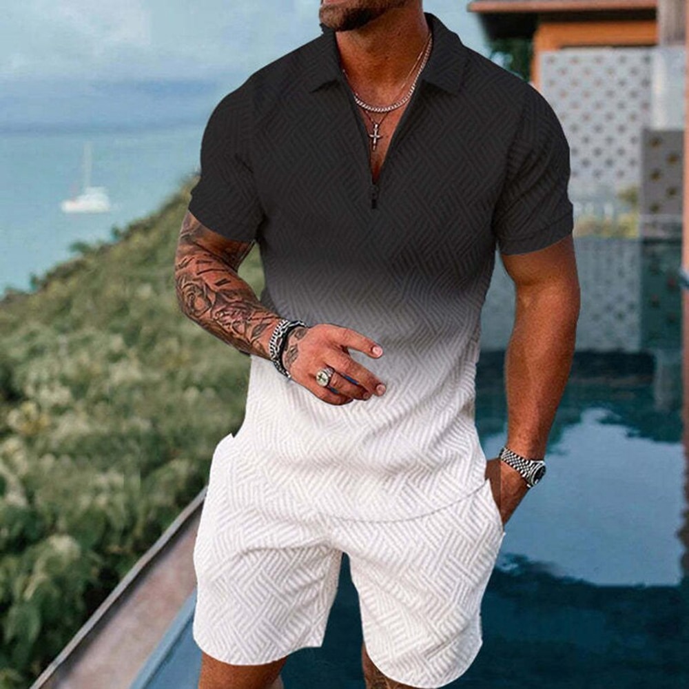 Solid Color Gradient Print Men's Sweatsuit Set Summer Casual Zipper Polo Shirt And Shorts 2pcs Sets Trend Man Pullover Clot