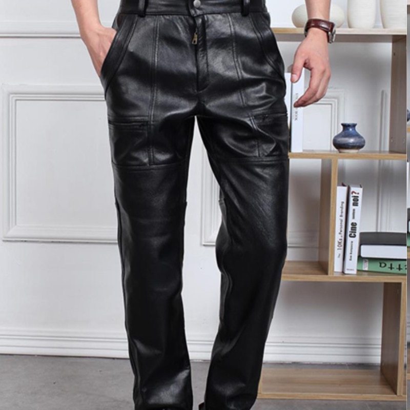 Leather Pants Men's Autumn And Winter Large Size Thickening Motorcycle Cowskin Pants Loose Windproof Genuine Leather Trouse