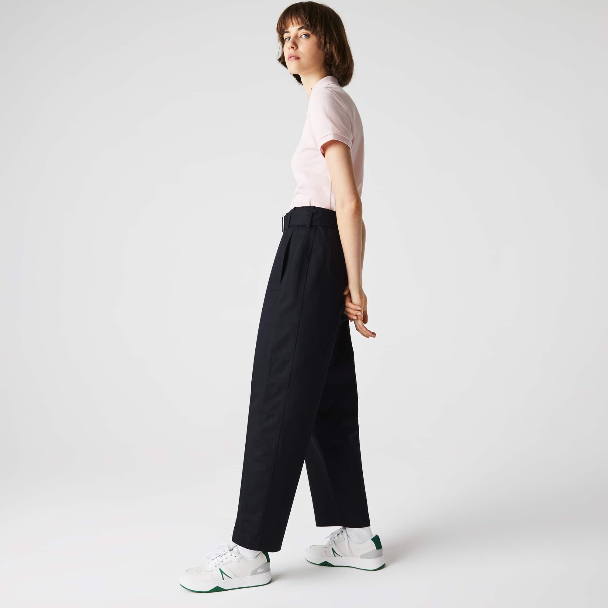 Lacoste Pantalones de algodón con cinturón de cintura alta para mujer