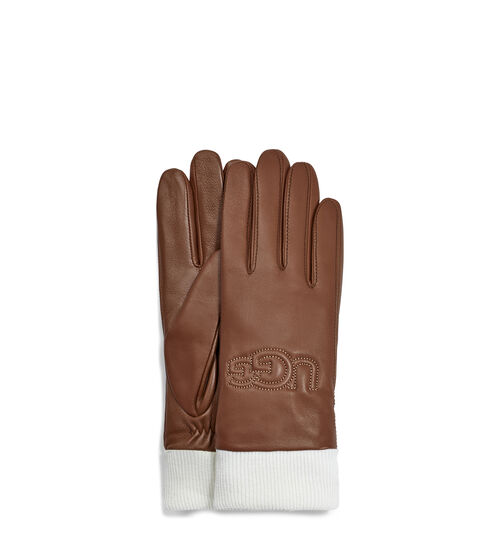 UGG Women's Knit Cuff Leather Logo Glove in Chestnut, Size Medium