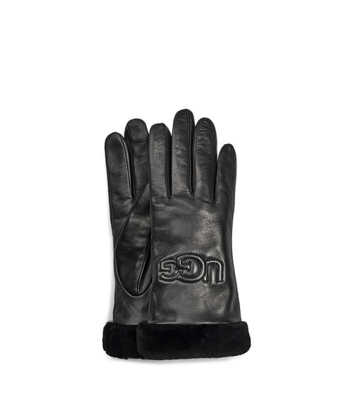 UGG Women's Classic Leather Logo Glove in Black, Size Large