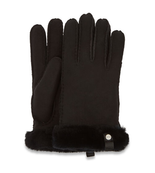 UGG Women's Shorty Glove With Leather Trim in Black, Size Large