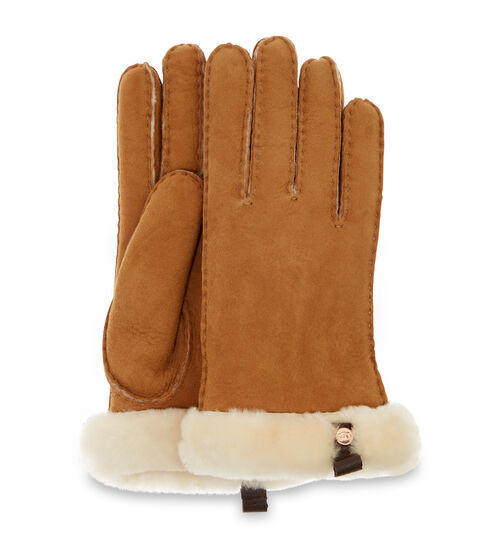 UGG® Shorty Leather Trim Glove for Women in Brown, Size Medium, Shearling