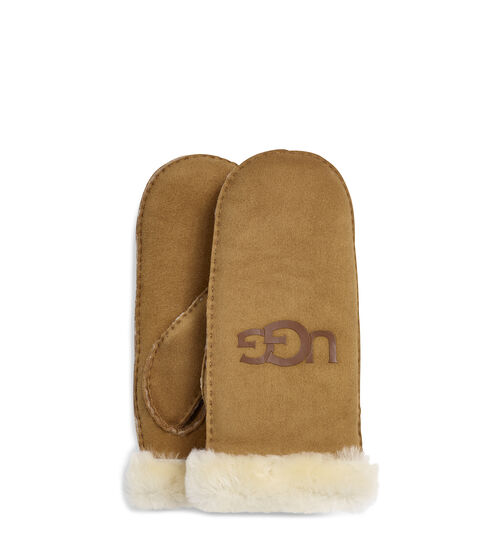 UGG Women's Sheepskin Logo Mitten in Chestnut, Size S/M, Shearling
