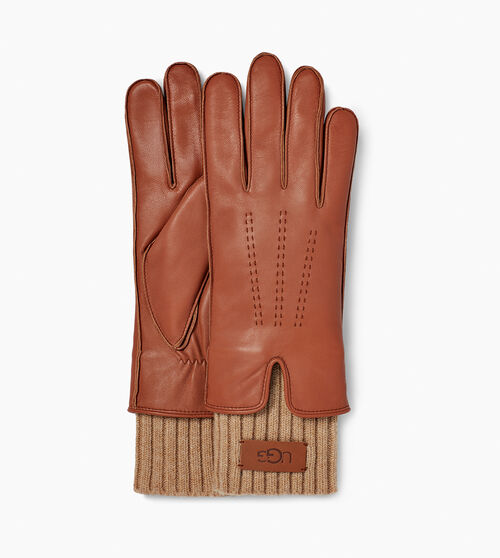 UGG Women's Leather Tech And Knit Cuff Glove in Chestnut, Size Large