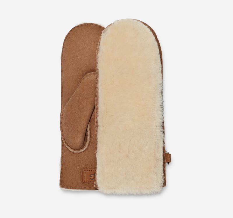 UGG® Exposed Sheepskin Mitten in Brown, Size S/M, Shearling