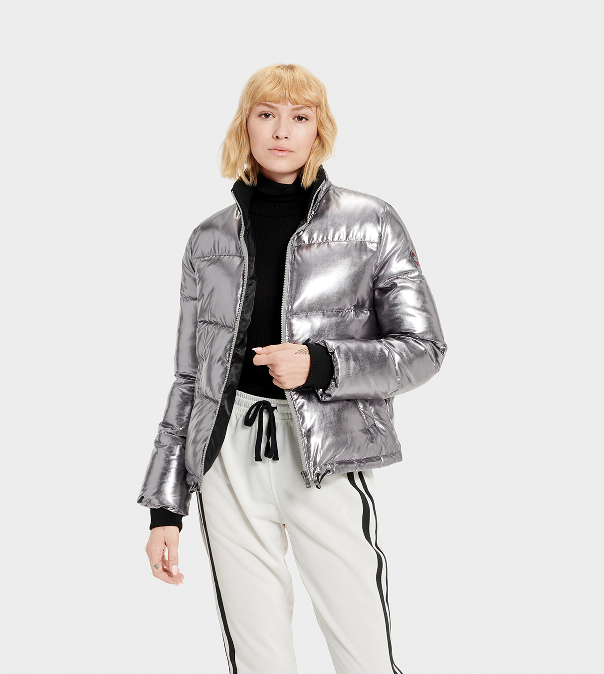 UGG Izzie Puffer Nylon Jacket for Women in Silver, Size Small