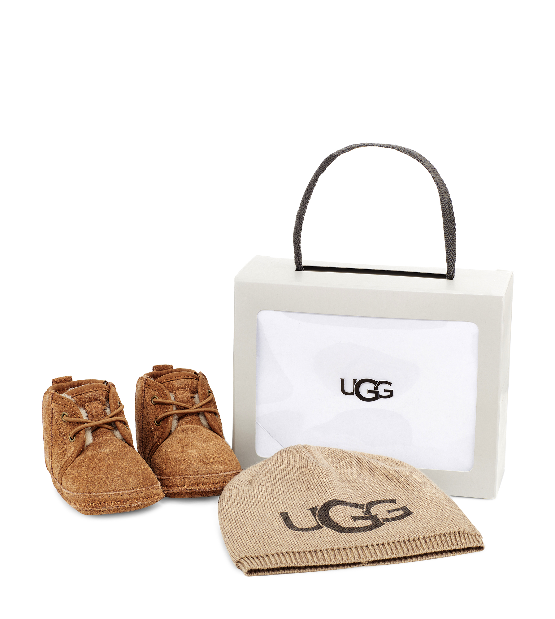 UGG® Neumel and Logo Beanie Set for Kids in Brown, Size 0.5, Suede/Polyester/Wool