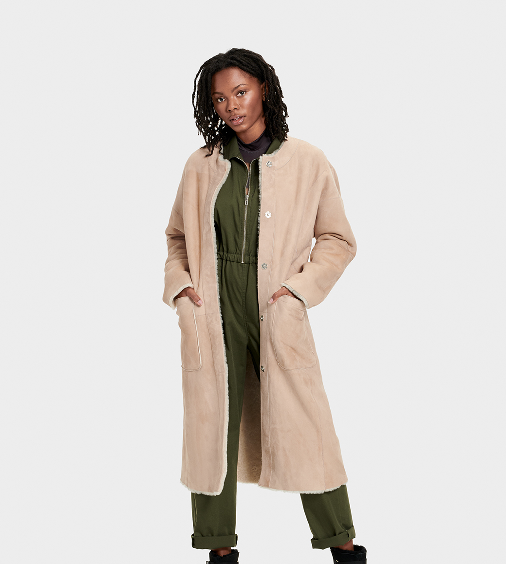 UGG Remy Reversible Shearling Coat for Women in Mushroom, Size Large