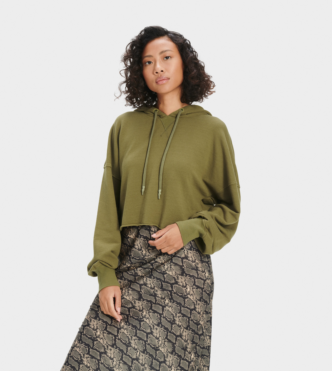UGG Keira Cropped Hoodie for Women in Wild Olive, Size Medium, Modal