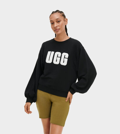 UGG Women's Fuzzy Logo Brook Crewneck in Black/Cream, Size Large