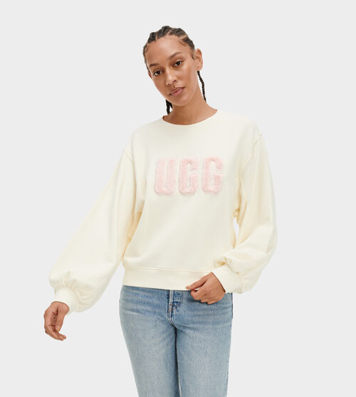 UGG Women's Fuzzy Logo Brook Crewneck in Cream/Sonora, Size Large