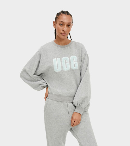 UGG Women's Fuzzy Logo Brook Crewneck in Grey Heather/Ice Blue, Size Large