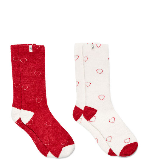 UGG Women's Hearts Cozy Crew Sock 2 Pack in White/Samba Red