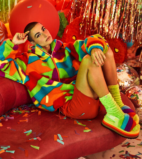 UGG Pride Sherpa Jacket in Rainbow Stripes, Size L/XL