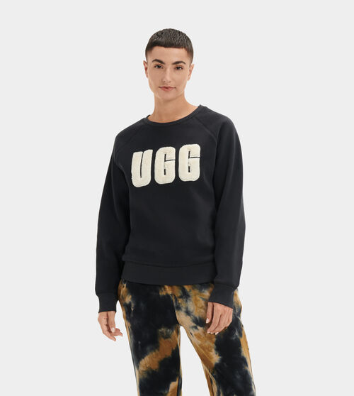 UGG Women's Madeline Fuzzy Logo Crewneck in Black/Cream, Size Large