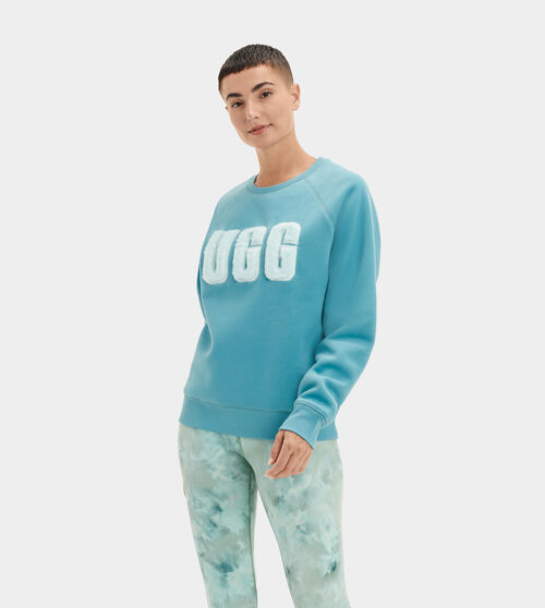 UGG Women's Madeline Fuzzy Logo Crewneck in Mediterranean Blue/Clear Creek, Size Large