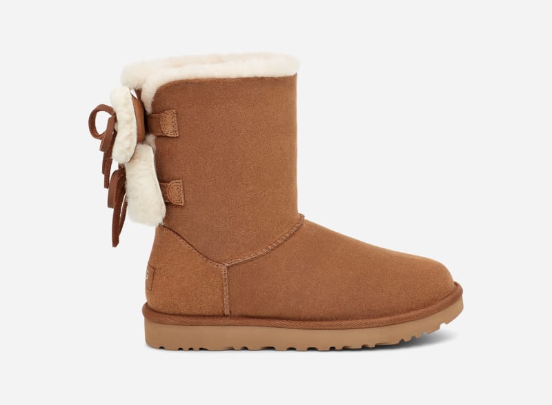 UGG® Classic Double Bow Short Boot in Brown, Size 10, Suede/Polyester/Leather