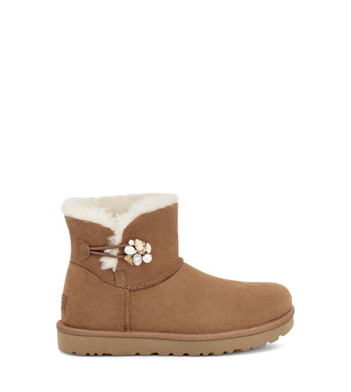 UGG Mini Bailey Button Pearl Gem Boot in Chestnut, Size 3