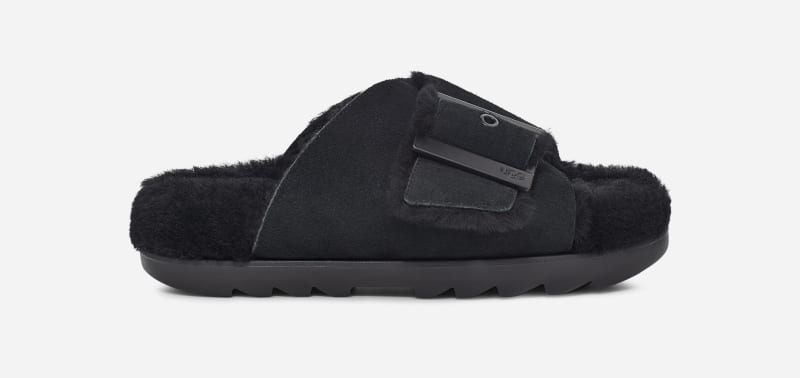 UGG® Outslide Buckle Slide for Women in Black Suede, Size 5