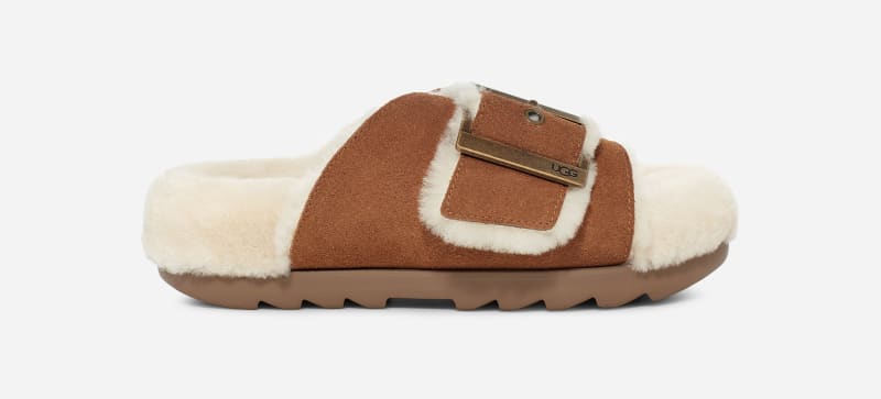 UGG® Outslide Buckle Slide for Women in Brown, Size 4