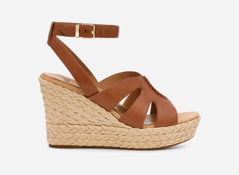 UGG® Careena Wedge Sandal for Women in Brown, Size 6.5, Leather