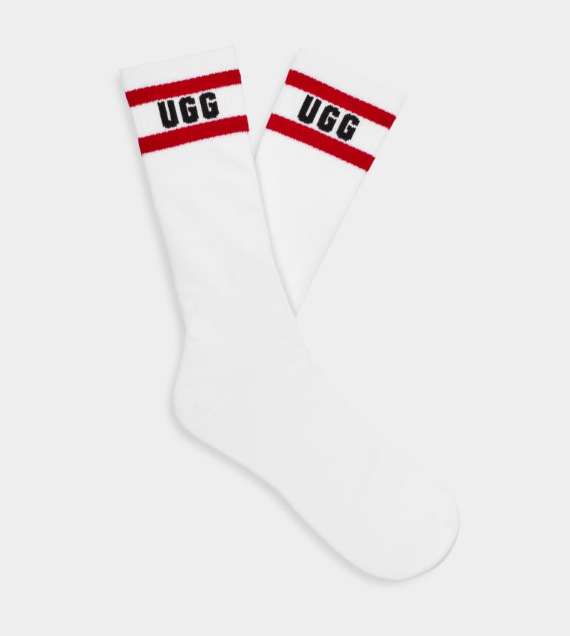 UGG Lathan Logo Crew Sock for Men in White/Samba Red, Size OS, Cotton Blend
