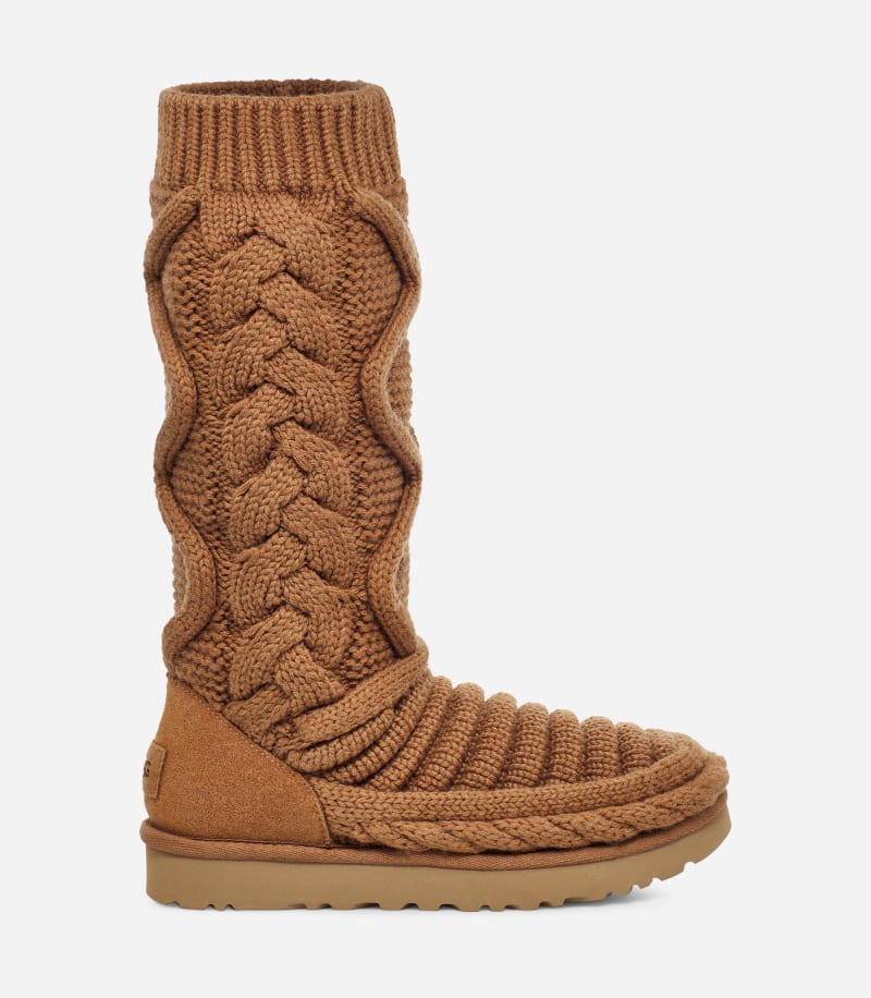 UGG® Classic Tall Chunky Knit Boot for Women in Brown, Size 4, Textile/Polyester/Cotton