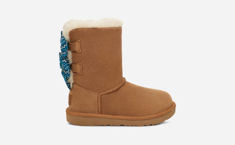 UGG® Bailey Bow Squiggles Boot in Brown, Size 5, Suede/Polyester/Wool