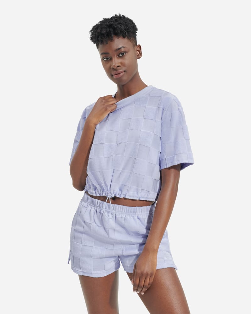UGG Teagin Check Short Sleeve Top for Women in Ocean Fog, Size Small