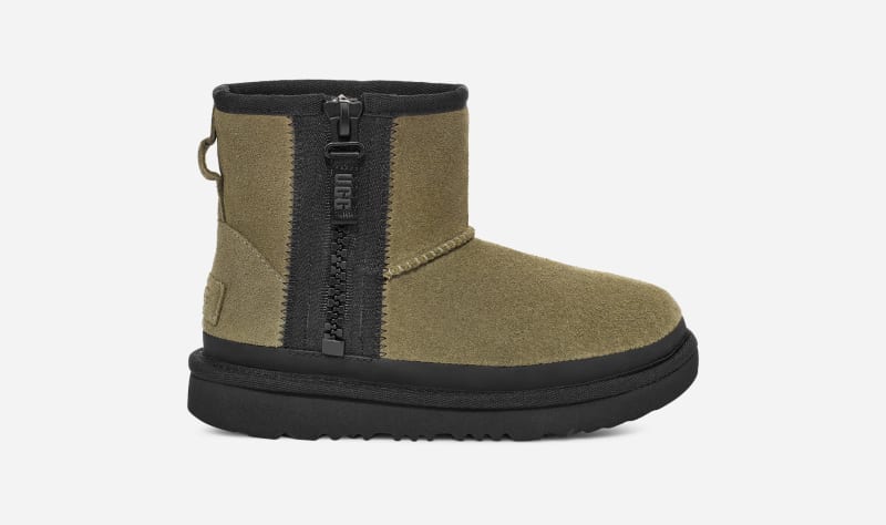 UGG® Classic Mini Zipper Tape Logo Boot in Green, Size 3, Leather/Polyester/Wool