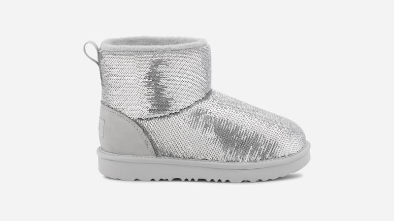 UGG® Classic Mini Mirror Ball Boot in Grey, Size 2, Leather/Polyester/Wool