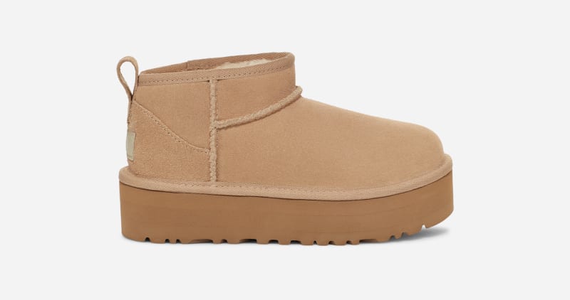 UGG® Classic Ultra Mini Platform Boot for Kids in Tan, Size 12K, Suede/Polyester/Wool