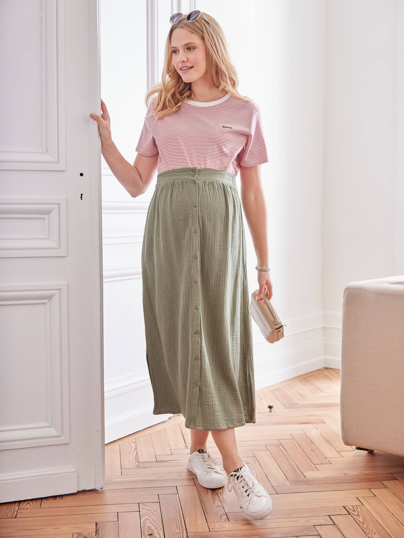 Long Skirt in Cotton Gauze for Maternity olive