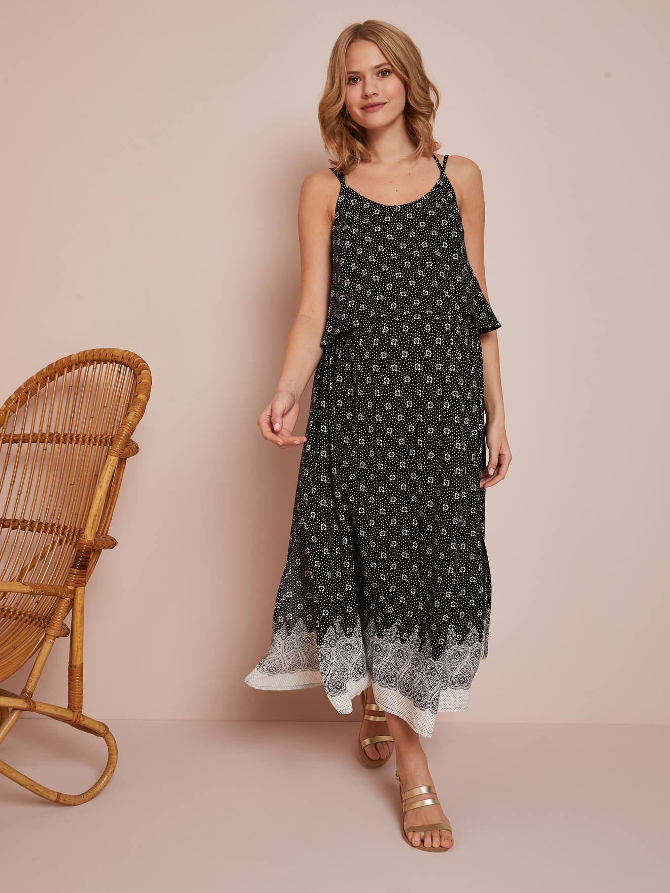 Long Maternity Dress with Stylish Flaps black/print