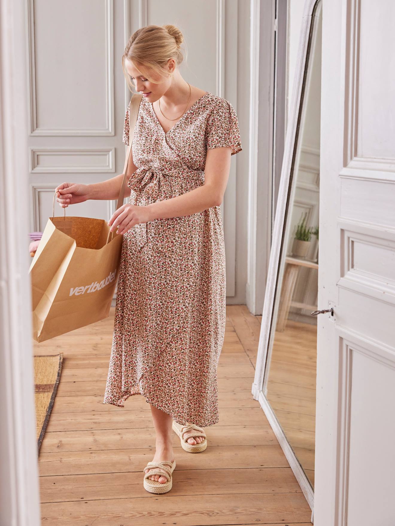 Floral Print Dress with Tie Belt for Maternity & Nursing ecru