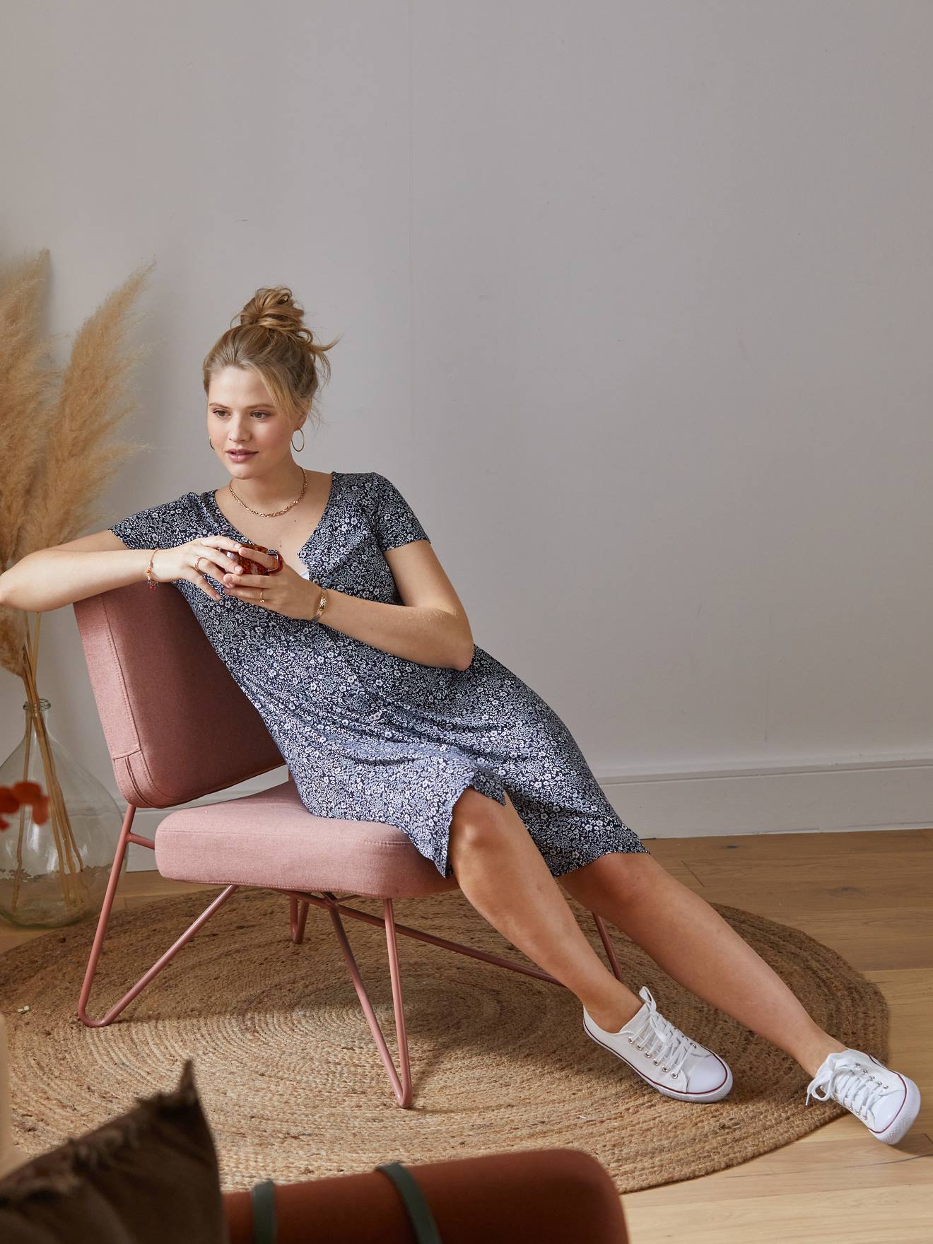 Adaptable Loose-Fitting Dress, Maternity & Nursing Special blue dark all over printed