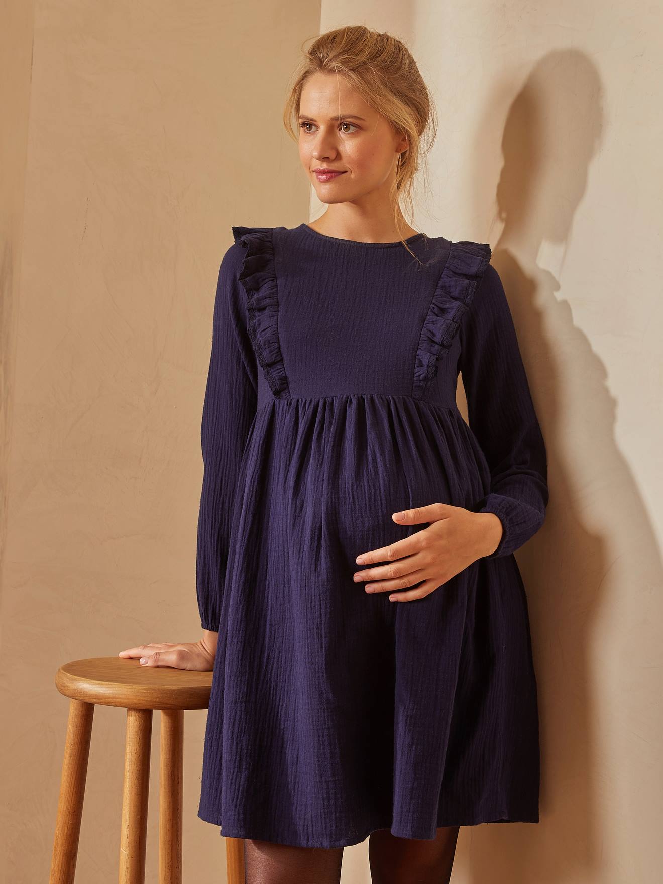 Cotton Gauze Dress, Maternity & Nursing Special dark blue