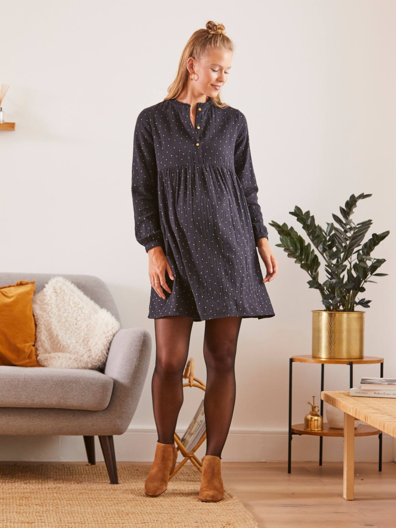 Dress in Printed Cotton Gauze, Maternity & Nursing Special black dark all over printed