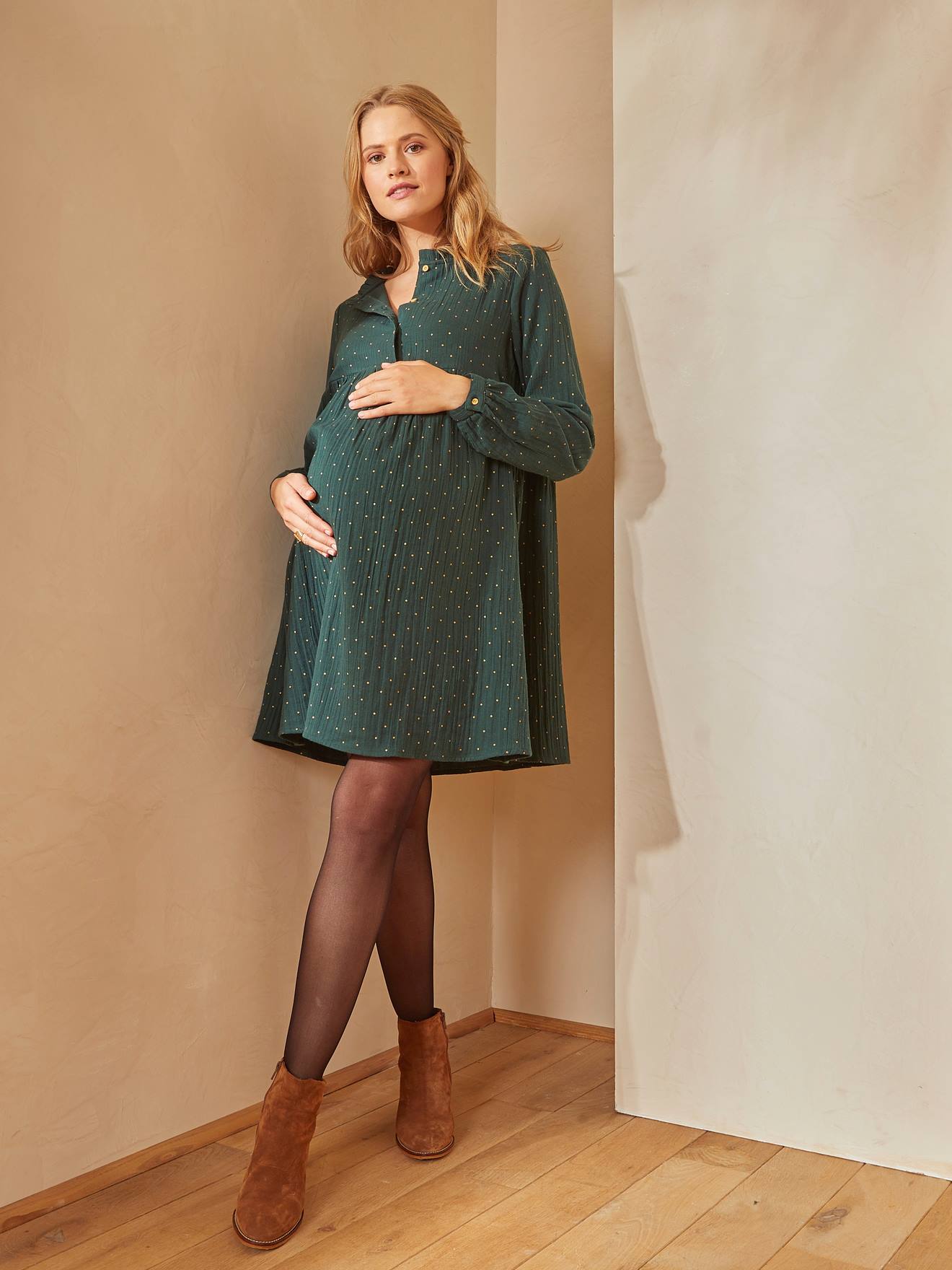 Dress in Printed Cotton Gauze, Maternity & Nursing Special dark green