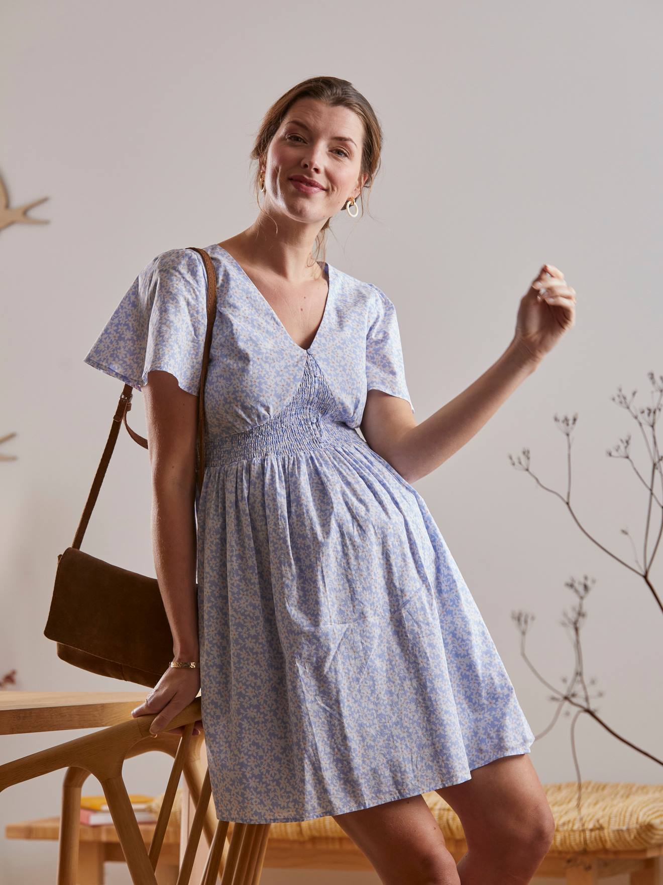 Short Dress in Printed Crêpe, Maternity & Nursing Special white light all over printed