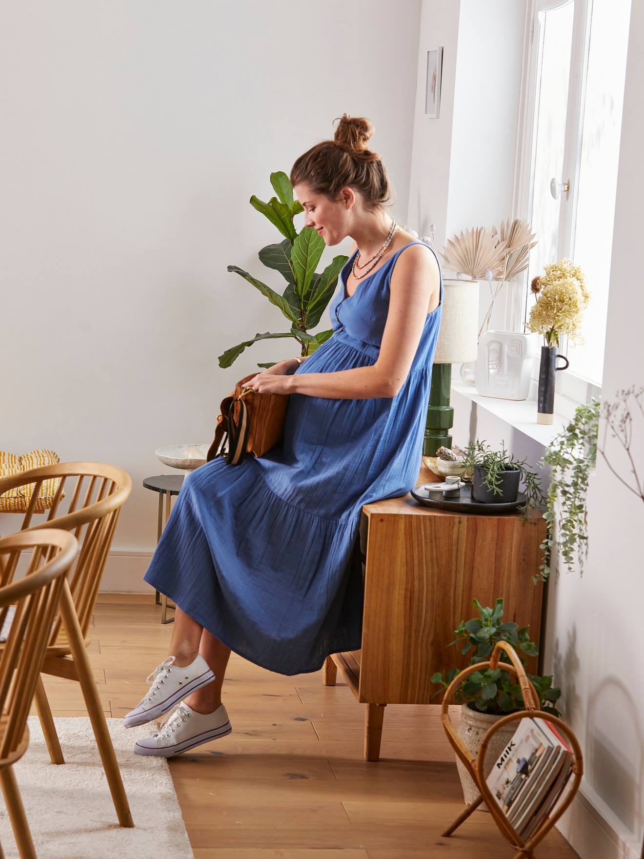 Cotton Gauze Dress with Thin Straps, Maternity & Nursing Special blue light solid