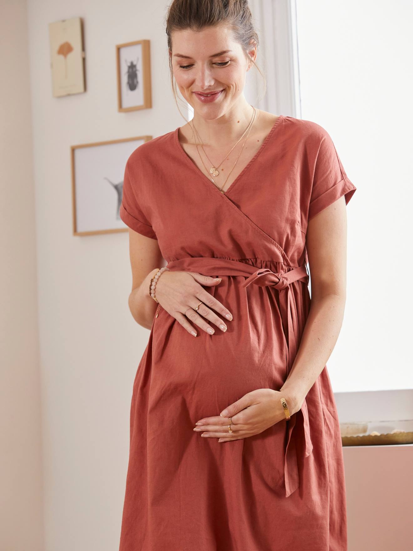 Long, Wrapover Dress in Linen & Cotton, Maternity & Nursing Special red medium solid