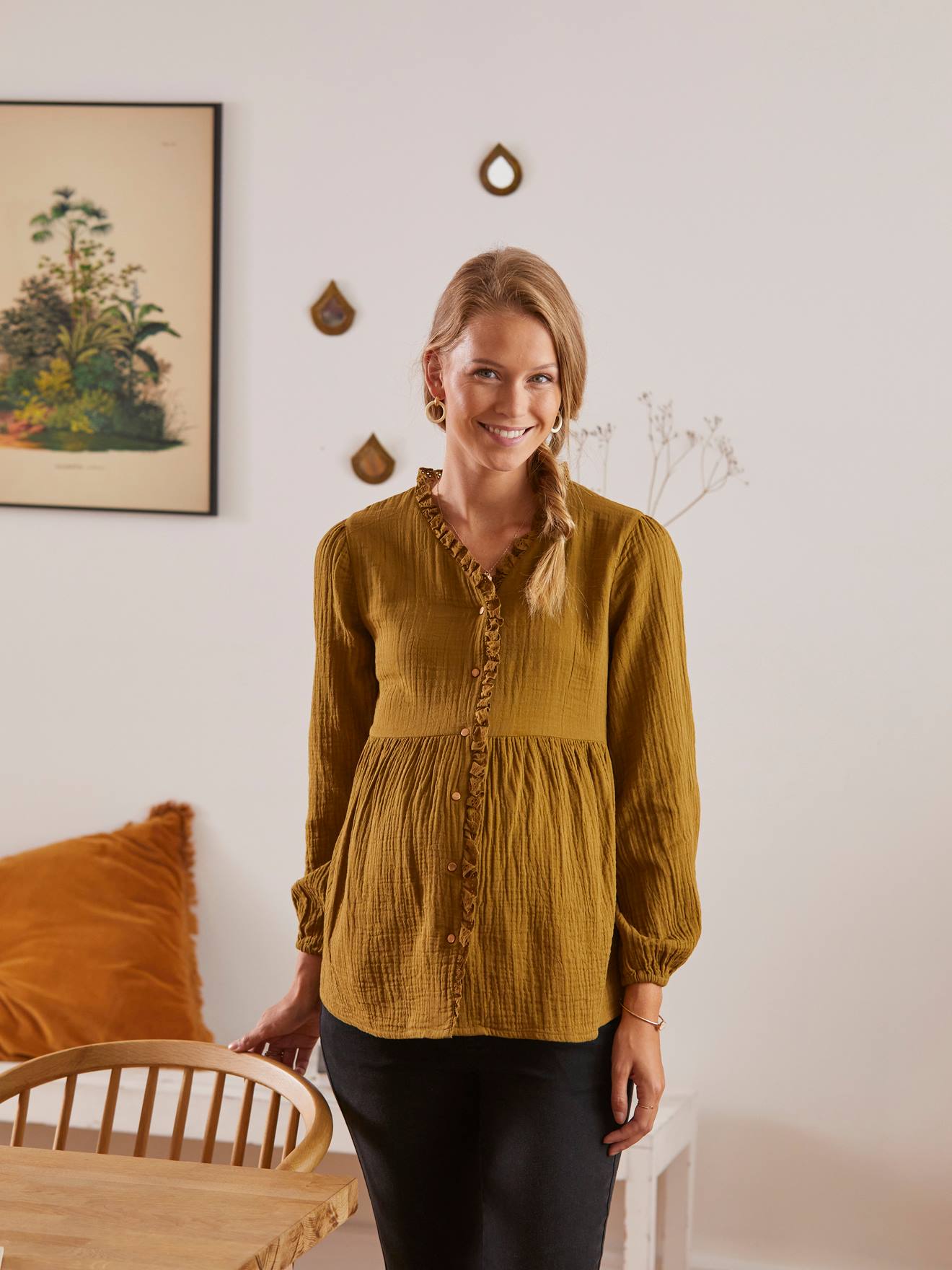Cotton Gauze Blouse, Maternity & Nursing Special green dark solid