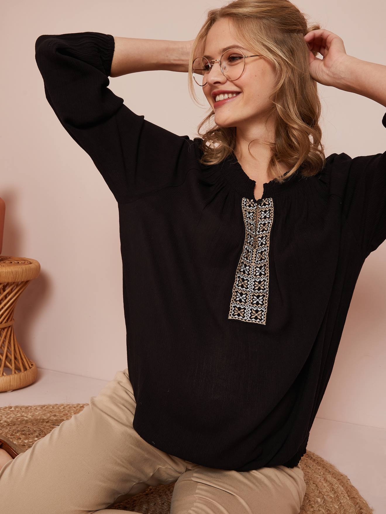 Maternity Smocked Blouse with Embroidery black