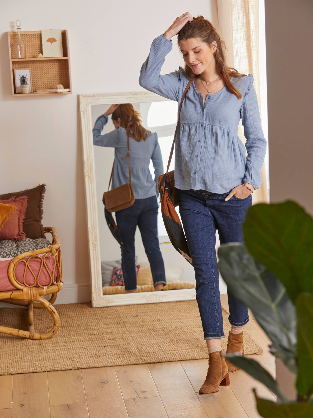 Cotton Gauze Blouse, Maternity & Nursing Special blue dark solid